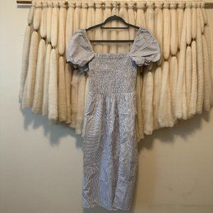 J. Crew Short-sleeve smocked dress in stripe, White/Royal Blue, Sz XS